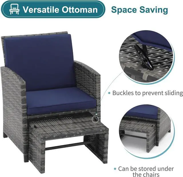 Alt view image 5 of 7 - OC Orange-Casual 6 Piece Patio Furniture Conversation Set with Ottoman, Outdoor Grey Wicker Chair and Table Set, Balcony Furniture for Apartments, Navy Blue
