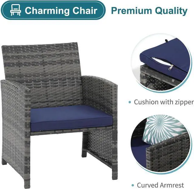 Alt view image 6 of 7 - OC Orange-Casual 6 Piece Patio Furniture Conversation Set with Ottoman, Outdoor Grey Wicker Chair and Table Set, Balcony Furniture for Apartments, Navy Blue