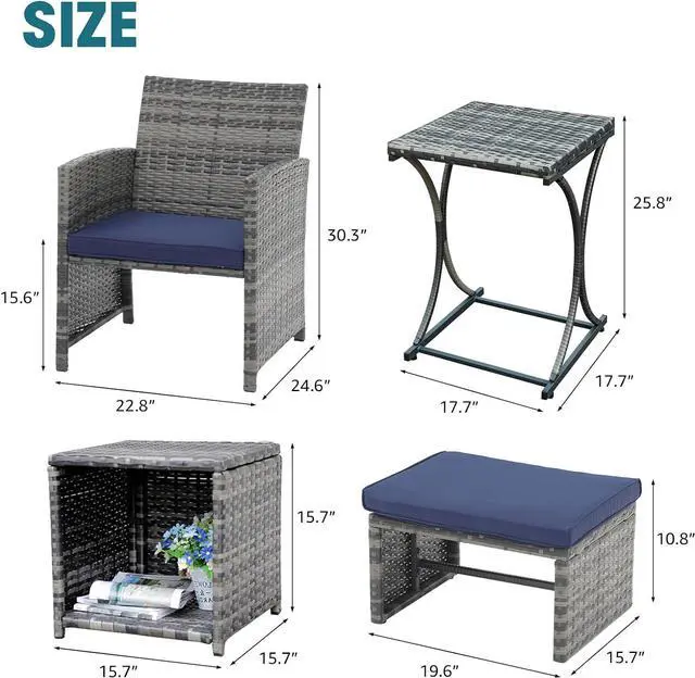 Alt view image 7 of 7 - OC Orange-Casual 6 Piece Patio Furniture Conversation Set with Ottoman, Outdoor Grey Wicker Chair and Table Set, Balcony Furniture for Apartments, Navy Blue