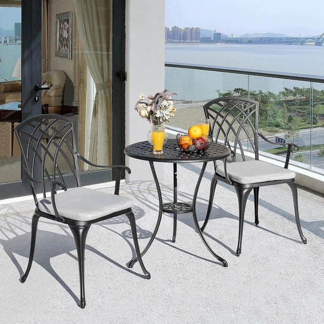 Alt view image 3 of 7 - 3-Piece Cast Aluminum Patio Bistro Set Table & 2 Chairs with Umbrella Hole and Gray Cushions, Black