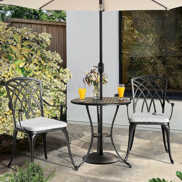 Alt view image 4 of 7 - 3-Piece Cast Aluminum Patio Bistro Set Table & 2 Chairs with Umbrella Hole and Gray Cushions, Black