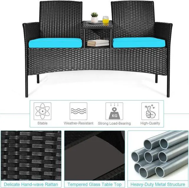 Alt view image 3 of 7 - RELAX4LIFE Conversation Furniture Set with Table and Two Removable Cushions Rattan Wicker Chairs and Table Set for Patio,Garden, Baloney and Lawn Outdoor Porch Furniture Sets Loveseat (Black+Blue)