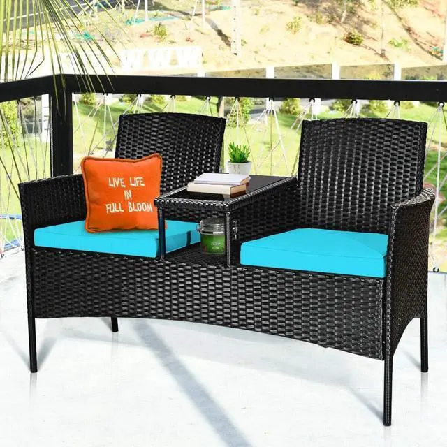 Alt view image 5 of 7 - RELAX4LIFE Conversation Furniture Set with Table and Two Removable Cushions Rattan Wicker Chairs and Table Set for Patio,Garden, Baloney and Lawn Outdoor Porch Furniture Sets Loveseat (Black+Blue)