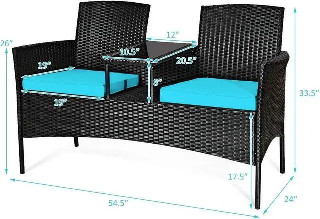 Alt view image 6 of 7 - RELAX4LIFE Conversation Furniture Set with Table and Two Removable Cushions Rattan Wicker Chairs and Table Set for Patio,Garden, Baloney and Lawn Outdoor Porch Furniture Sets Loveseat (Black+Blue)