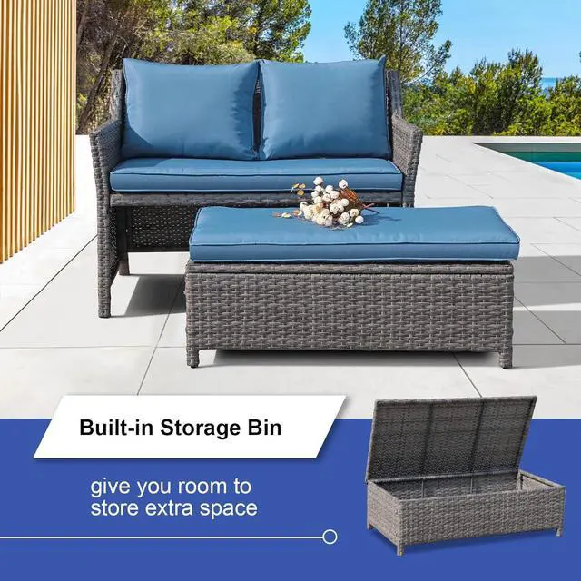 Alt view image 2 of 6 - OC Orange-Casual 2-Piece Outdoor Patio Furniture Wicker Love-seat and Coffee Table Set, with Built-in Storage Bin, Grey Rattan, Navy Blue Cushions