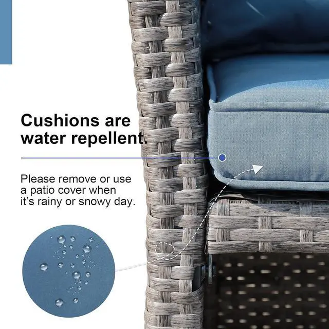 Alt view image 3 of 6 - OC Orange-Casual 2-Piece Outdoor Patio Furniture Wicker Love-seat and Coffee Table Set, with Built-in Storage Bin, Grey Rattan, Navy Blue Cushions