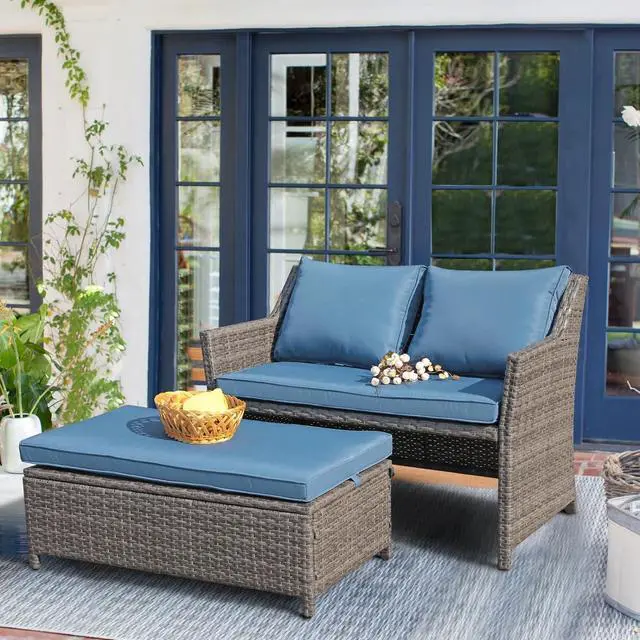 Alt view image 5 of 6 - OC Orange-Casual 2-Piece Outdoor Patio Furniture Wicker Love-seat and Coffee Table Set, with Built-in Storage Bin, Grey Rattan, Navy Blue Cushions