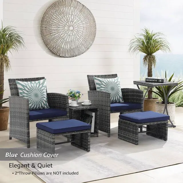Alt view image 2 of 7 - OC Orange-Casual 6 Piece Patio Furniture Conversation Set with Ottoman, Outdoor Grey Wicker Chair and Table Set, Balcony Furniture for Apartments, Navy Blue