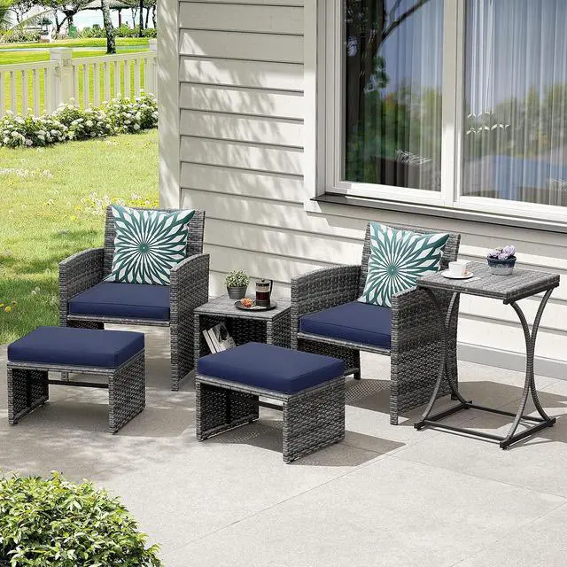 Alt view image 3 of 7 - OC Orange-Casual 6 Piece Patio Furniture Conversation Set with Ottoman, Outdoor Grey Wicker Chair and Table Set, Balcony Furniture for Apartments, Navy Blue