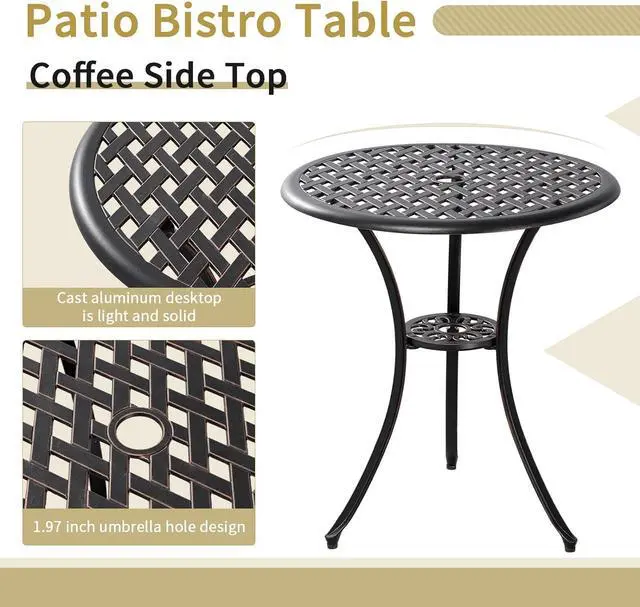 Alt view image 2 of 7 - 3 Piece Patio Bistro Set Outdoor Bistro Table Set Anti Rust Bistro Table and Chairs w/Umbrella Hole, Durable Patio Set for Porch, Balcony
