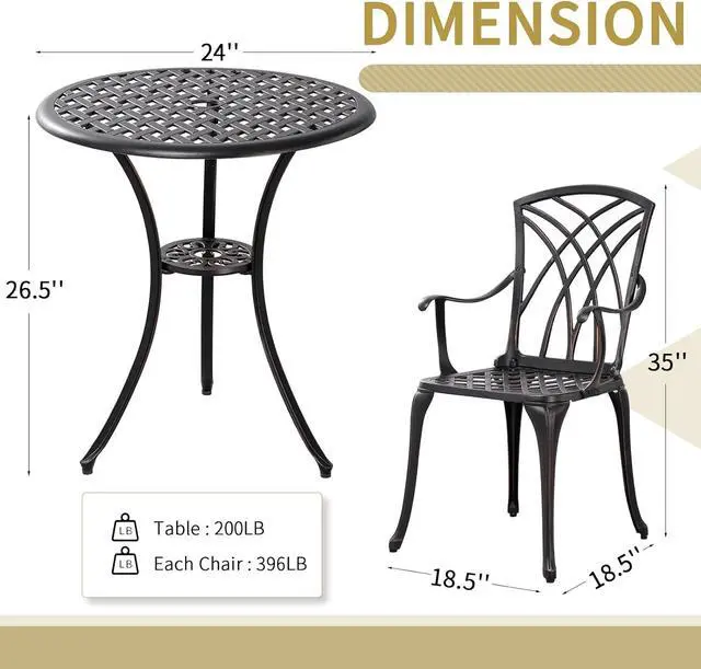 Alt view image 4 of 7 - 3 Piece Patio Bistro Set Outdoor Bistro Table Set Anti Rust Bistro Table and Chairs w/Umbrella Hole, Durable Patio Set for Porch, Balcony