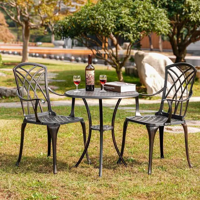 Alt view image 6 of 7 - 3 Piece Patio Bistro Set Outdoor Bistro Table Set Anti Rust Bistro Table and Chairs w/Umbrella Hole, Durable Patio Set for Porch, Balcony
