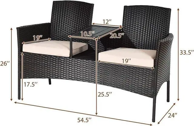 Alt view image 3 of 7 - Tangkula Outdoor Rattan Loveseat, Patio Conversation Set with Cushions & Table, Modern Patented Wicker Sofa Set with Built-in Coffee Table, Rattan Sofas for Garden Lawn Backyard