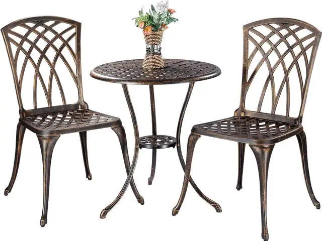 Main image of Bistro Set 3 Piece Cast Aluminum Patio Furniture Sets 2 Chairs and 1 Round Table with Umbrella Hole for Outdoor, Patio Balcony, Bronze