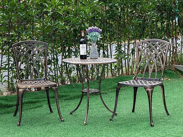 Alt view image 4 of 5 - Bistro Set 3 Piece Cast Aluminum Patio Furniture Sets 2 Chairs and 1 Round Table with Umbrella Hole for Outdoor, Patio Balcony, Bronze
