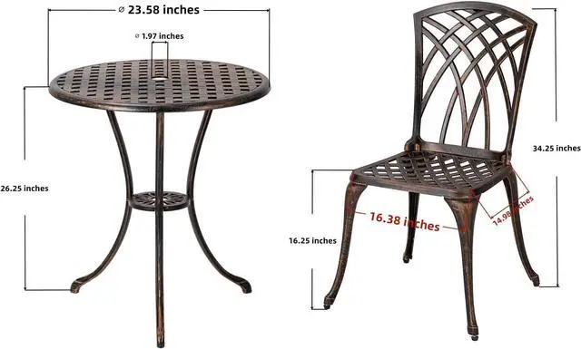 Alt view image 5 of 5 - Bistro Set 3 Piece Cast Aluminum Patio Furniture Sets 2 Chairs and 1 Round Table with Umbrella Hole for Outdoor, Patio Balcony, Bronze