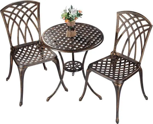 Alt view image 2 of 5 - Bistro Set 3 Piece Cast Aluminum Patio Furniture Sets 2 Chairs and 1 Round Table with Umbrella Hole for Outdoor, Patio Balcony, Bronze