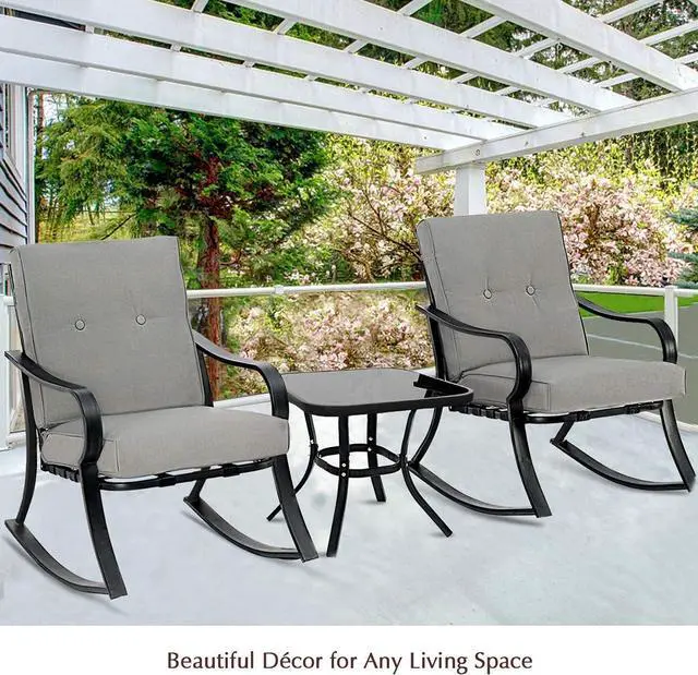 Alt view image 2 of 7 - Betterland Outdoor 3-Piece Rocking Chairs Patio Bistro Sets, Glass-Top Coffee Table & Black Metal Patio Furniture with Thickened Cushions (Grey)