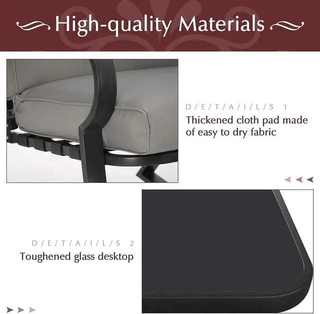 Alt view image 3 of 7 - Betterland Outdoor 3-Piece Rocking Chairs Patio Bistro Sets, Glass-Top Coffee Table & Black Metal Patio Furniture with Thickened Cushions (Grey)