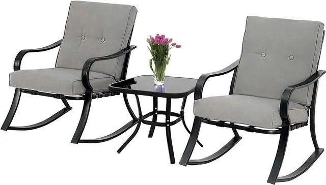 Main image of Betterland Outdoor 3-Piece Rocking Chairs Patio Bistro Sets, Glass-Top Coffee Table & Black Metal Patio Furniture with Thickened Cushions (Grey)