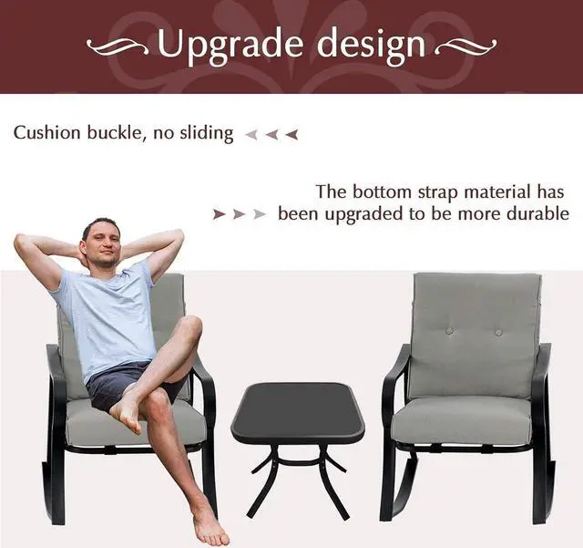 Alt view image 4 of 7 - Betterland Outdoor 3-Piece Rocking Chairs Patio Bistro Sets, Glass-Top Coffee Table & Black Metal Patio Furniture with Thickened Cushions (Grey)