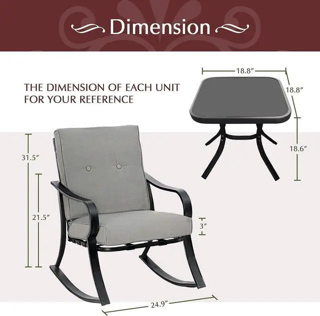 Alt view image 7 of 7 - Betterland Outdoor 3-Piece Rocking Chairs Patio Bistro Sets, Glass-Top Coffee Table & Black Metal Patio Furniture with Thickened Cushions (Grey)