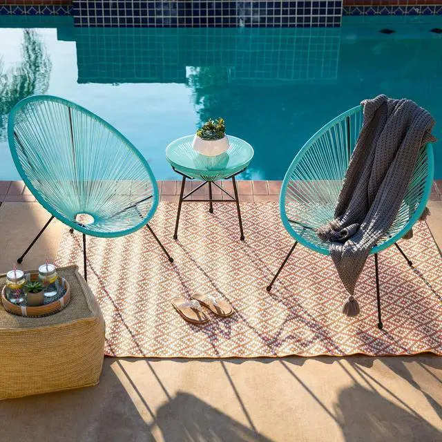 Alt view image 2 of 7 - Best Choice Products 3-Piece Outdoor Acapulco All-Weather Patio Conversation Bistro Set w/Plastic Rope, Glass Top Table and 2 Chairs - Light Blue