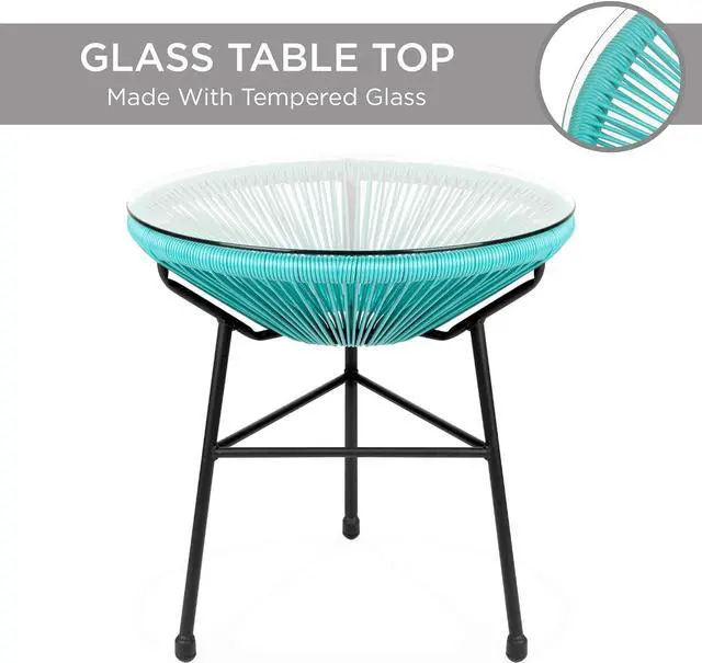 Alt view image 5 of 7 - Best Choice Products 3-Piece Outdoor Acapulco All-Weather Patio Conversation Bistro Set w/Plastic Rope, Glass Top Table and 2 Chairs - Light Blue
