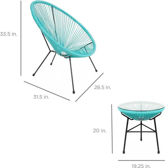 Alt view image 7 of 7 - Best Choice Products 3-Piece Outdoor Acapulco All-Weather Patio Conversation Bistro Set w/Plastic Rope, Glass Top Table and 2 Chairs - Light Blue