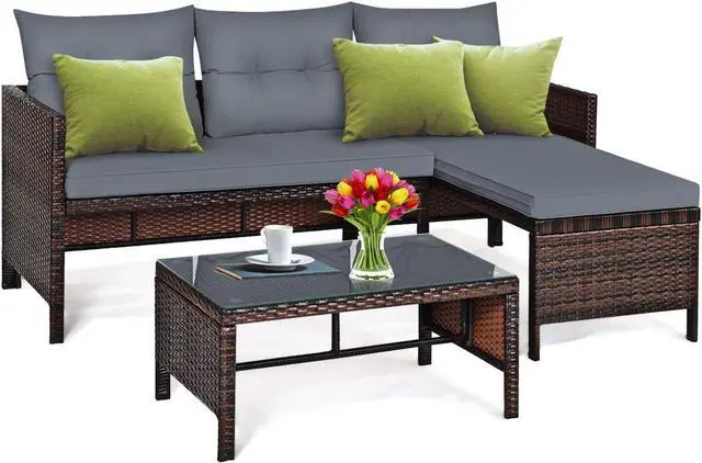 Main image of DORTALA Wicker Patio Furniture Set Couch 3 Piece, L-Shaped PE Rattan Outdoor Sectional Sofa Conversation Set with Loveseat, Lounge and Tempered Glass Coffee Table for Garden Lawn Deck, Grey