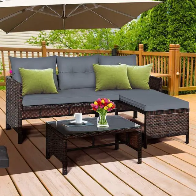 Alt view image 3 of 7 - DORTALA Wicker Patio Furniture Set Couch 3 Piece, L-Shaped PE Rattan Outdoor Sectional Sofa Conversation Set with Loveseat, Lounge and Tempered Glass Coffee Table for Garden Lawn Deck, Grey