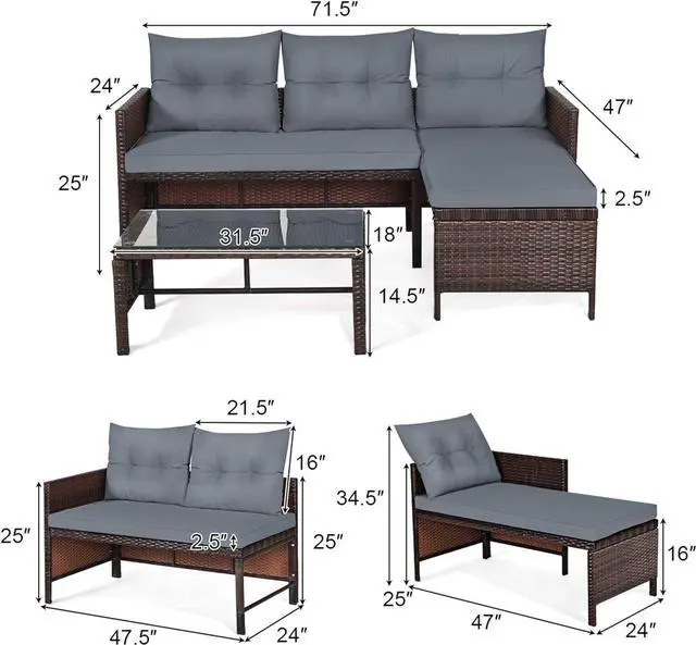 Alt view image 2 of 7 - DORTALA Wicker Patio Furniture Set Couch 3 Piece, L-Shaped PE Rattan Outdoor Sectional Sofa Conversation Set with Loveseat, Lounge and Tempered Glass Coffee Table for Garden Lawn Deck, Grey