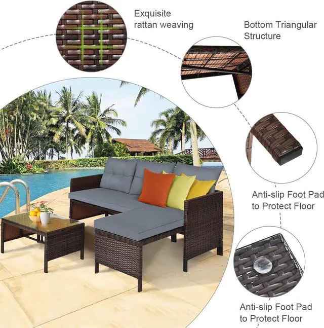 Alt view image 4 of 7 - DORTALA Wicker Patio Furniture Set Couch 3 Piece, L-Shaped PE Rattan Outdoor Sectional Sofa Conversation Set with Loveseat, Lounge and Tempered Glass Coffee Table for Garden Lawn Deck, Grey