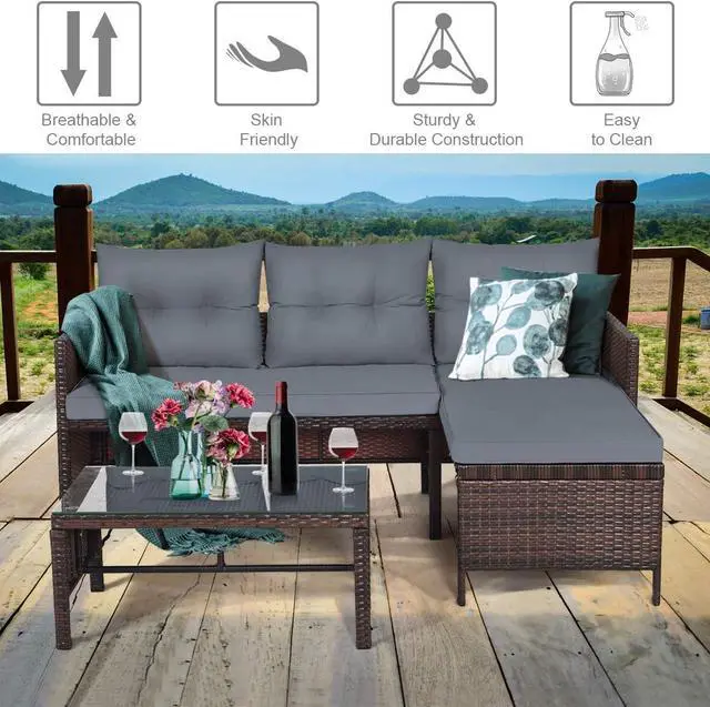 Alt view image 6 of 7 - DORTALA Wicker Patio Furniture Set Couch 3 Piece, L-Shaped PE Rattan Outdoor Sectional Sofa Conversation Set with Loveseat, Lounge and Tempered Glass Coffee Table for Garden Lawn Deck, Grey