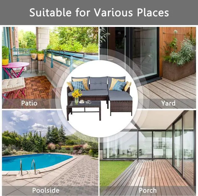 Alt view image 7 of 7 - DORTALA Wicker Patio Furniture Set Couch 3 Piece, L-Shaped PE Rattan Outdoor Sectional Sofa Conversation Set with Loveseat, Lounge and Tempered Glass Coffee Table for Garden Lawn Deck, Grey