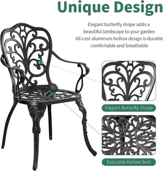 Alt view image 2 of 7 - Bistro Table and Chairs Set of 2 with Umbrella Hole,Cast Aluminum Patio Bistro Sets 3 Piece,Outdoor Bistro Table Set,Patio Furniture Set for Front Porch Set,Garden(Butterfly Black)