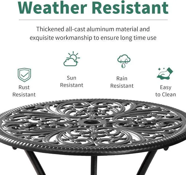 Alt view image 3 of 7 - Bistro Table and Chairs Set of 2 with Umbrella Hole,Cast Aluminum Patio Bistro Sets 3 Piece,Outdoor Bistro Table Set,Patio Furniture Set for Front Porch Set,Garden(Butterfly Black)