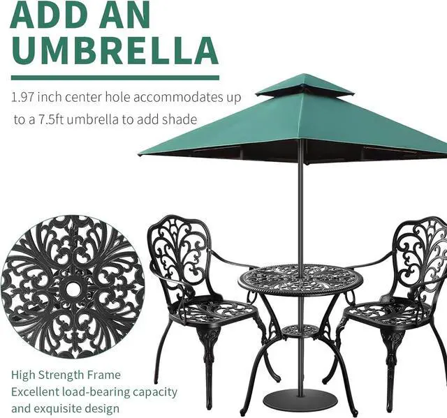 Alt view image 4 of 7 - Bistro Table and Chairs Set of 2 with Umbrella Hole,Cast Aluminum Patio Bistro Sets 3 Piece,Outdoor Bistro Table Set,Patio Furniture Set for Front Porch Set,Garden(Butterfly Black)