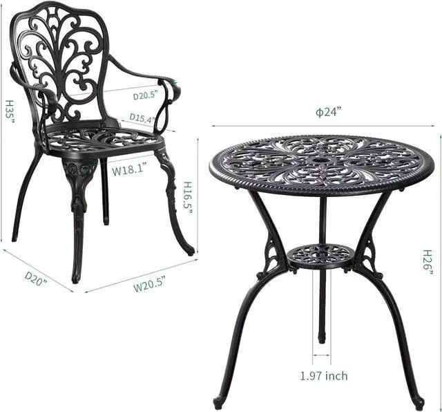 Alt view image 5 of 7 - Bistro Table and Chairs Set of 2 with Umbrella Hole,Cast Aluminum Patio Bistro Sets 3 Piece,Outdoor Bistro Table Set,Patio Furniture Set for Front Porch Set,Garden(Butterfly Black)