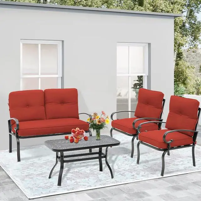 Alt view image 6 of 6 - Oakcloud 4Pcs Metal Outdoor Furniture Patio Conversation Set (Loveseat and Coffee Table, 2 Dining Chair) -Wrought Iron Patio Chair Set with Cushions (Red)