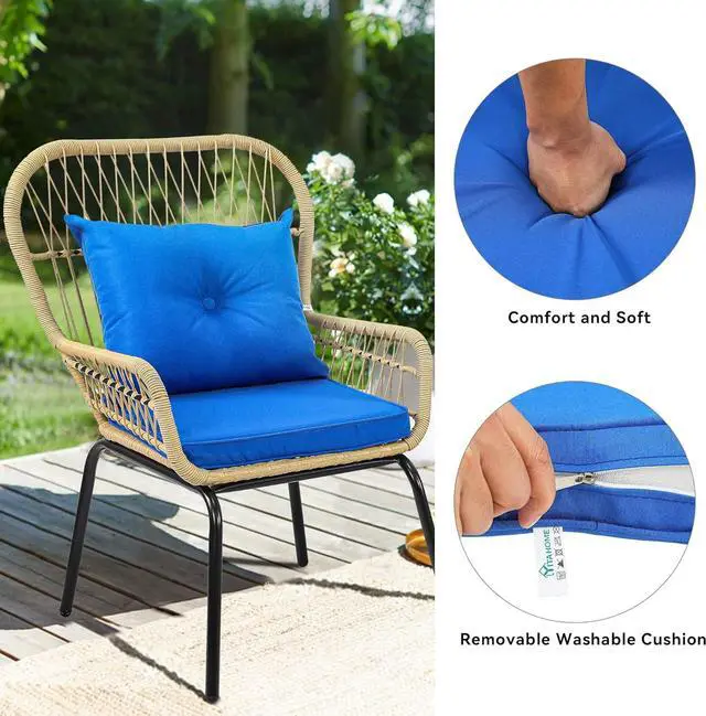 Alt view image 4 of 7 - YITAHOME 3-Piece Wicker Bistro Set Outdoor Patio Furniture, All-Weather Rattan Conversation Chairs for Backyard, Balcony and Deck with Soft Cushions, Glass Side Table (Light Brown+Navy Blue)