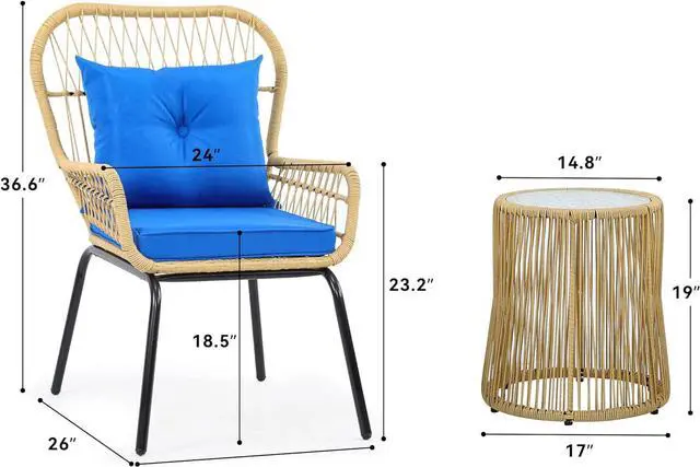Alt view image 6 of 7 - YITAHOME 3-Piece Wicker Bistro Set Outdoor Patio Furniture, All-Weather Rattan Conversation Chairs for Backyard, Balcony and Deck with Soft Cushions, Glass Side Table (Light Brown+Navy Blue)