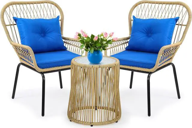 Alt view image 7 of 7 - YITAHOME 3-Piece Wicker Bistro Set Outdoor Patio Furniture, All-Weather Rattan Conversation Chairs for Backyard, Balcony and Deck with Soft Cushions, Glass Side Table (Light Brown+Navy Blue)