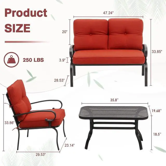 Alt view image 4 of 6 - Oakcloud 4Pcs Metal Outdoor Furniture Patio Conversation Set (Loveseat and Coffee Table, 2 Dining Chair) -Wrought Iron Patio Chair Set with Cushions (Red)