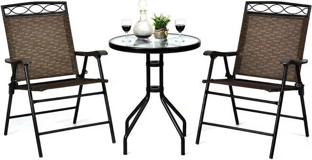 Main image of Giantex Patio Dining Set Round Glass Table with 2 Patio Folding Chairs, Outdoor Table and Chairs for Garden, Pool, Backyard, Tempered Glass Tabletop with Umbrella Hole (Brown)