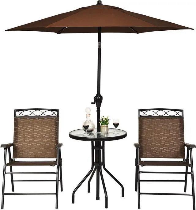 Alt view image 2 of 7 - Giantex Patio Dining Set Round Glass Table with 2 Patio Folding Chairs, Outdoor Table and Chairs for Garden, Pool, Backyard, Tempered Glass Tabletop with Umbrella Hole (Brown)