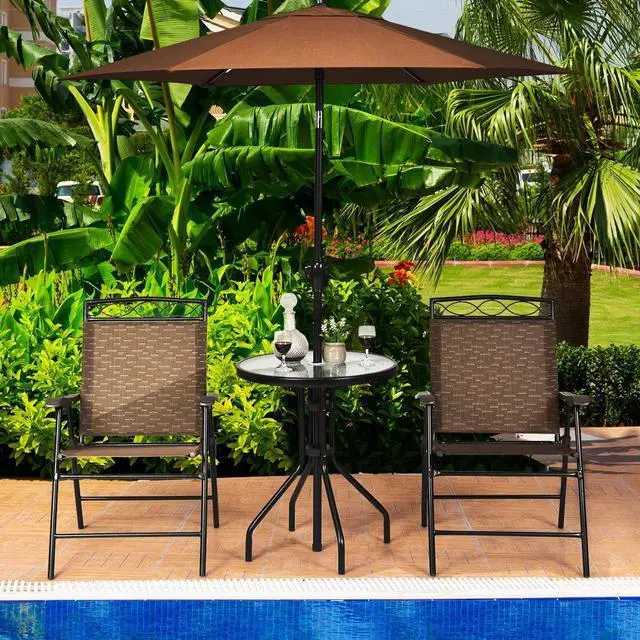 Alt view image 3 of 7 - Giantex Patio Dining Set Round Glass Table with 2 Patio Folding Chairs, Outdoor Table and Chairs for Garden, Pool, Backyard, Tempered Glass Tabletop with Umbrella Hole (Brown)