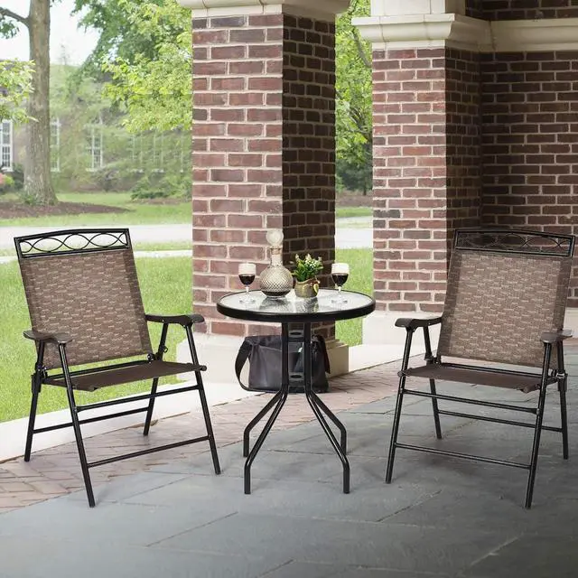Alt view image 4 of 7 - Giantex Patio Dining Set Round Glass Table with 2 Patio Folding Chairs, Outdoor Table and Chairs for Garden, Pool, Backyard, Tempered Glass Tabletop with Umbrella Hole (Brown)