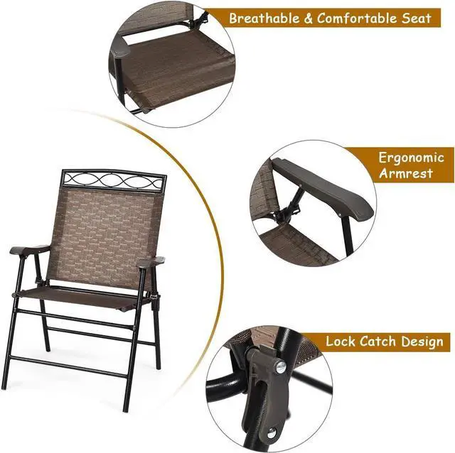 Alt view image 6 of 7 - Giantex Patio Dining Set Round Glass Table with 2 Patio Folding Chairs, Outdoor Table and Chairs for Garden, Pool, Backyard, Tempered Glass Tabletop with Umbrella Hole (Brown)