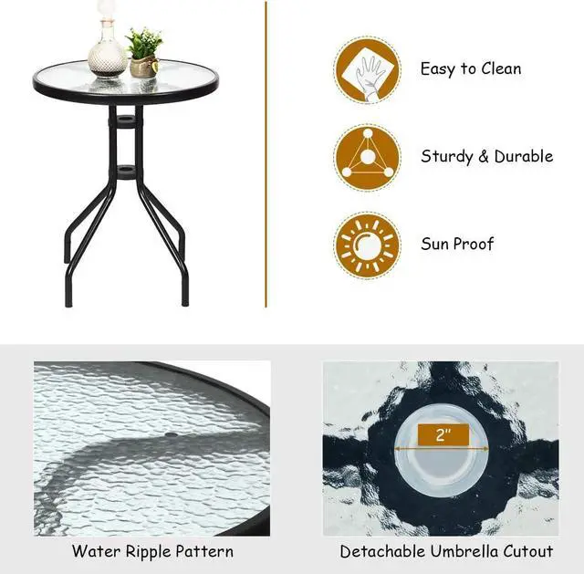 Alt view image 7 of 7 - Giantex Patio Dining Set Round Glass Table with 2 Patio Folding Chairs, Outdoor Table and Chairs for Garden, Pool, Backyard, Tempered Glass Tabletop with Umbrella Hole (Brown)